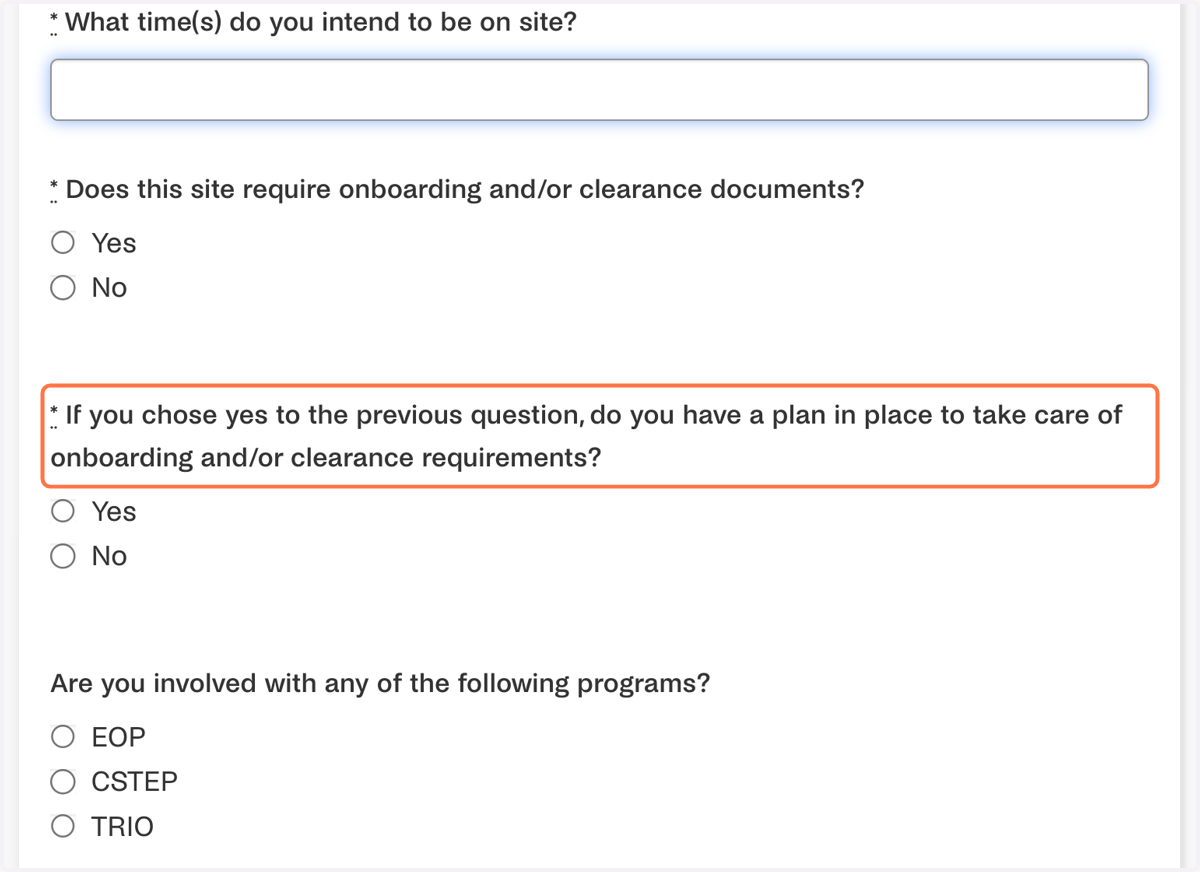 Select whether or not you have a plan for completing onboarding/clearance documents (if applicable).