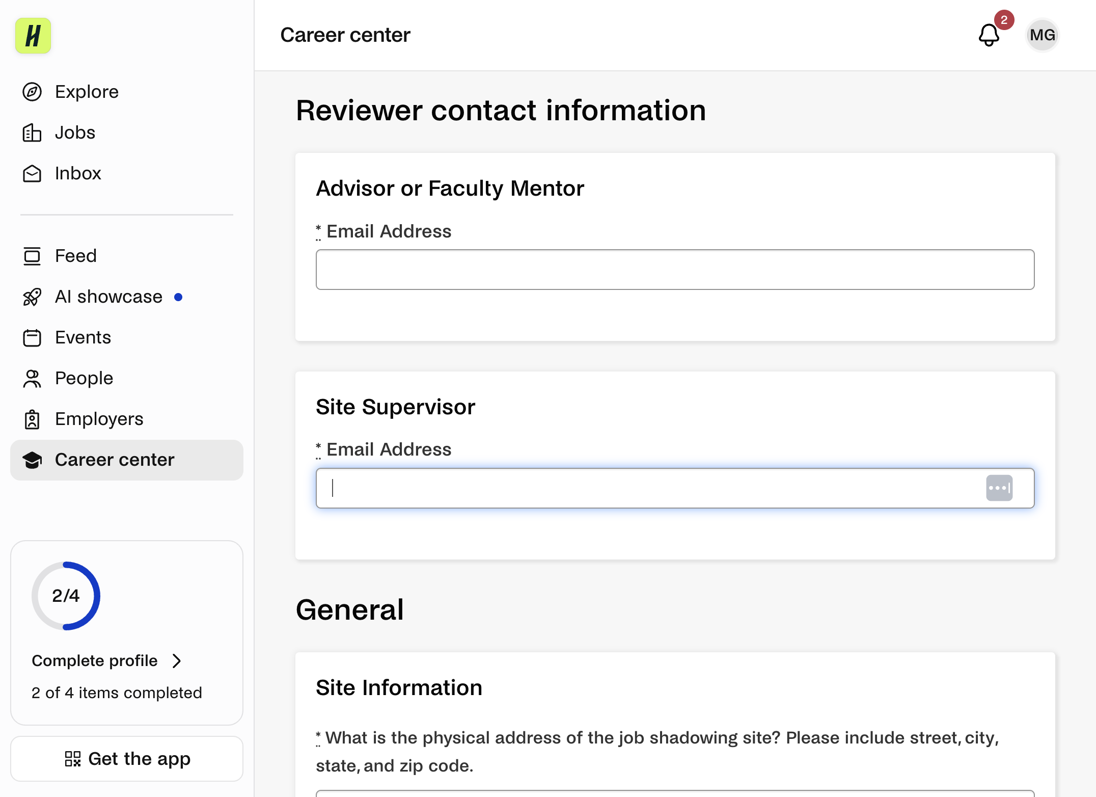 Enter the email address for the site supervisor where your job shadowing will occur. You may have to enter their name and other contact information or it may auto-populate