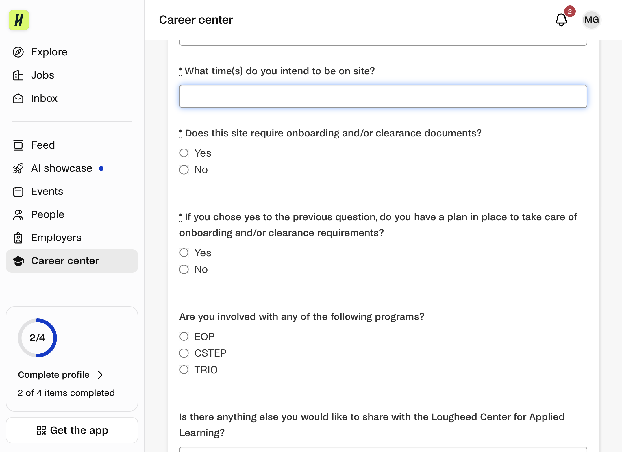 Select whether or not this site requires onboarding/clearance documents to complete a job shadowing experience.
