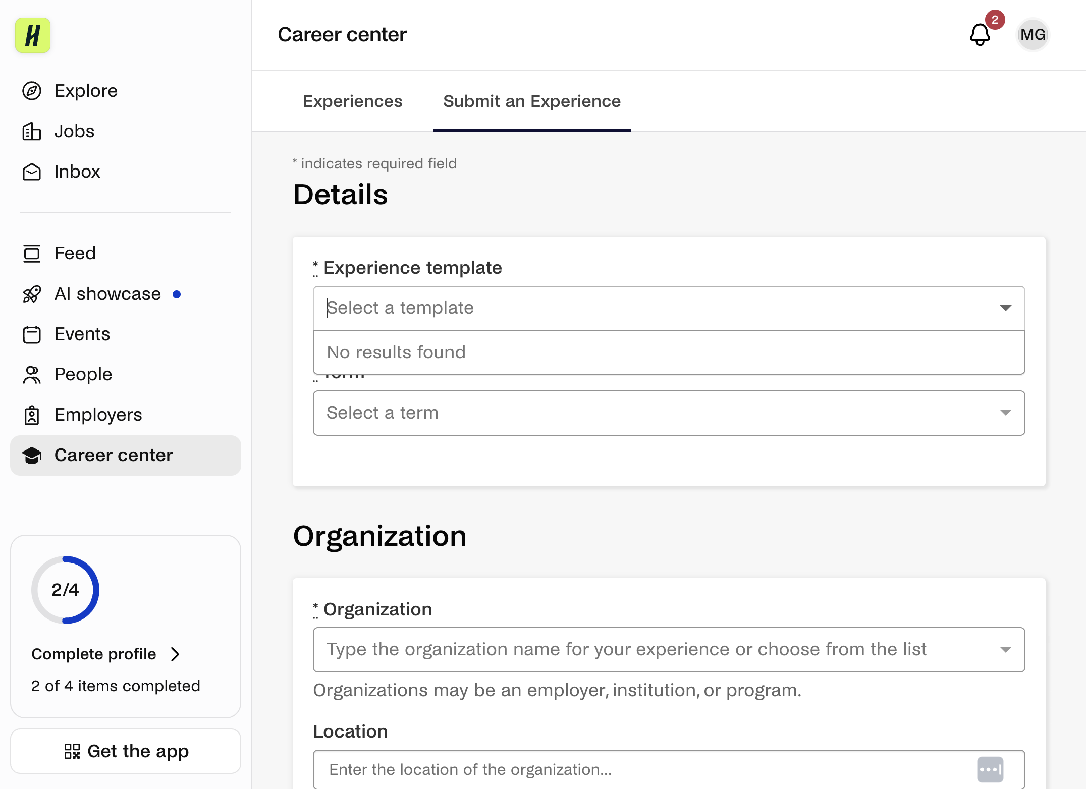 Click on the Experience template dropdown menu.