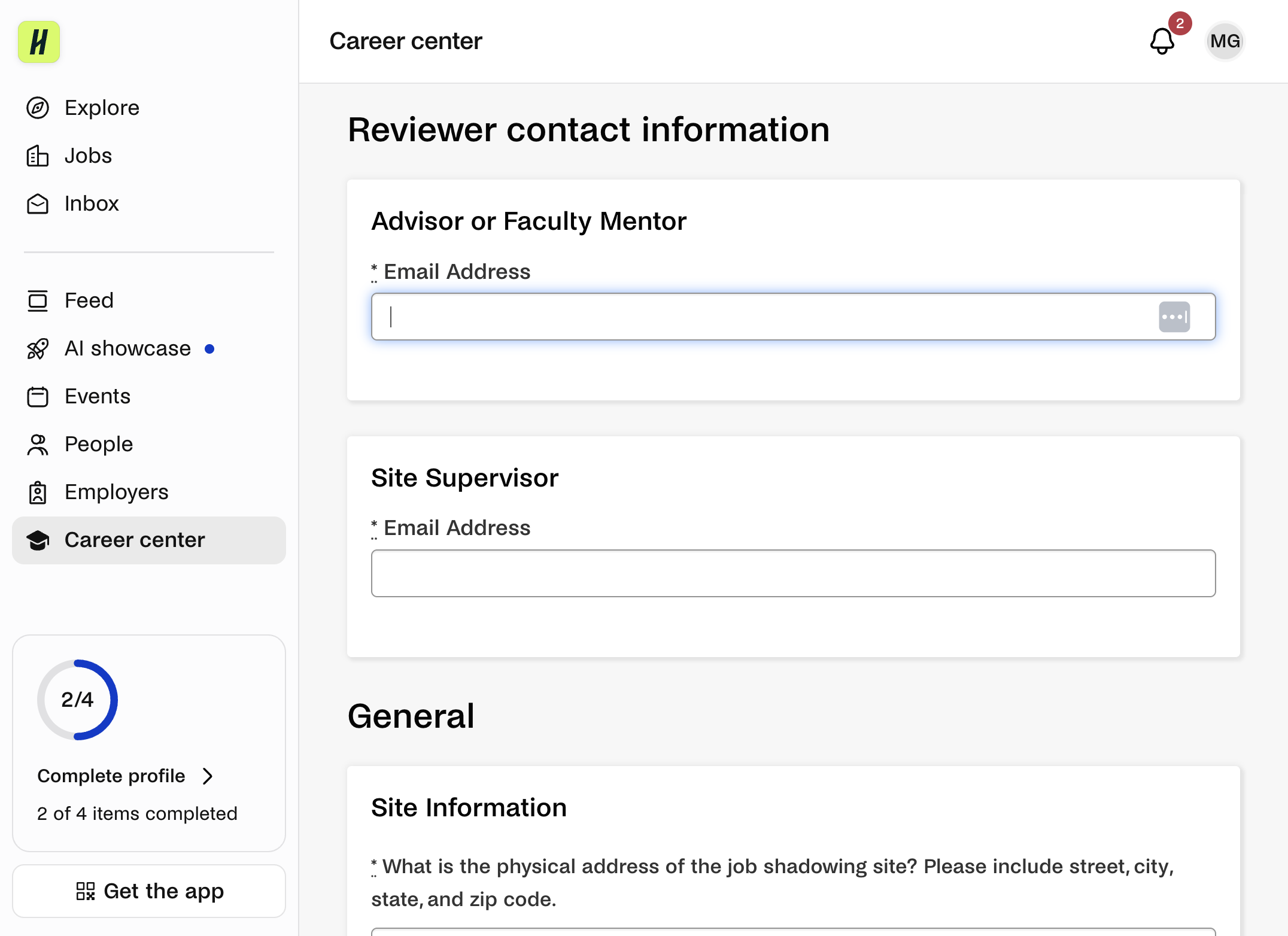 Enter the email address for the advisor or faculty mentor who will approve this job shadowing proposal. You may have to enter their name and other contact information or it may auto-populate