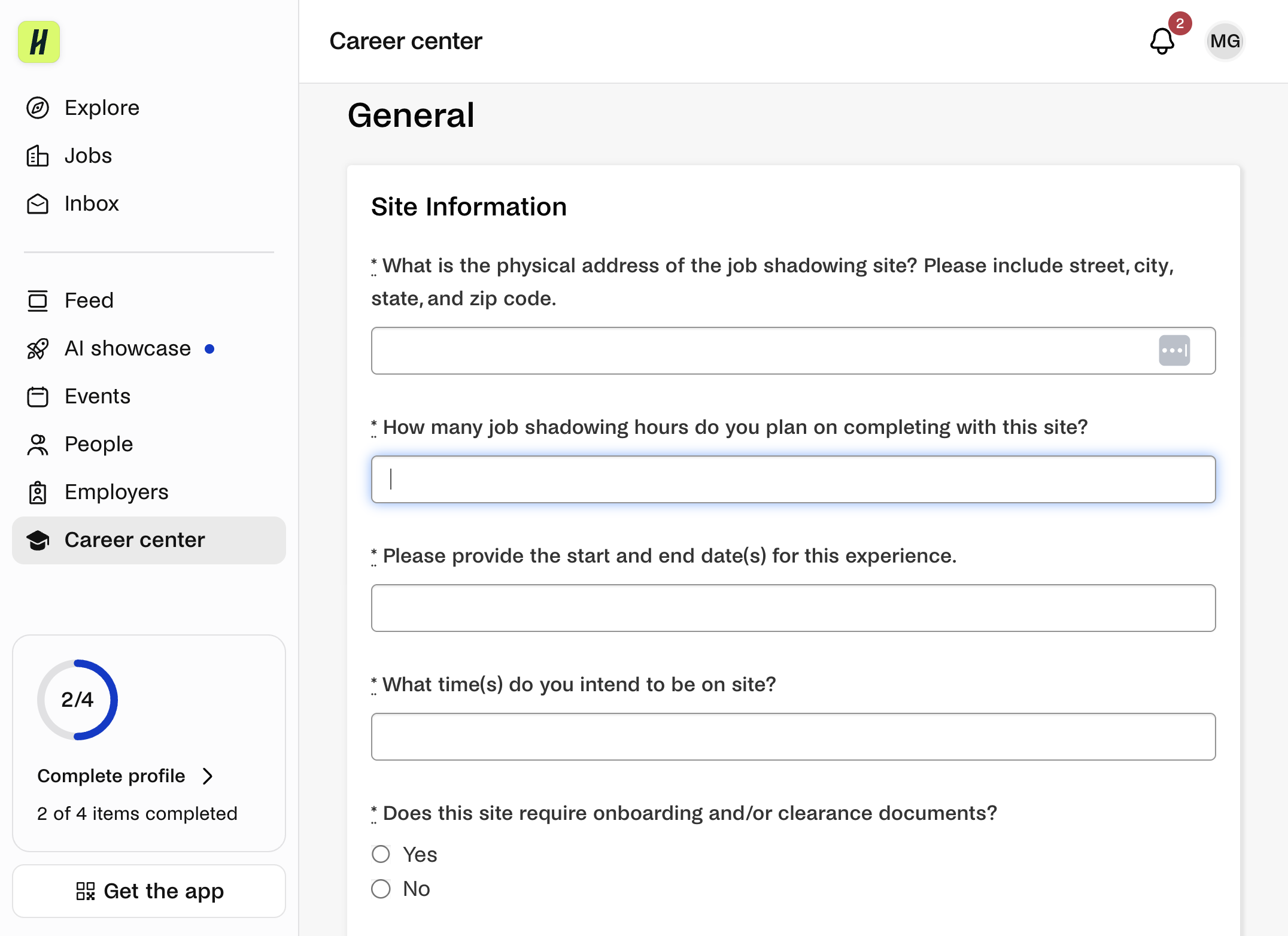 Enter how many job shadowing hours you plan to complete.