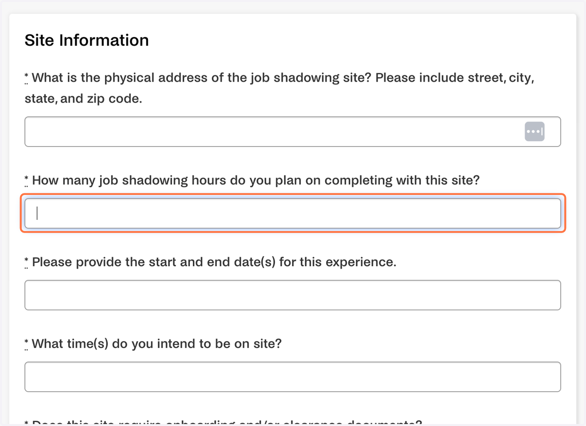 Enter how many job shadowing hours you plan to complete.