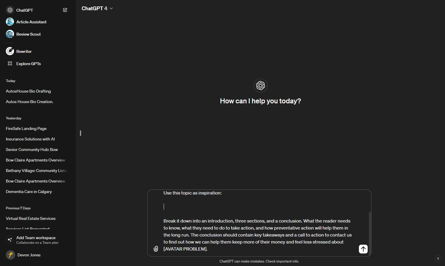 Paste the prompt into the chat box and change the necessary template items (Keywords and avatar problem)