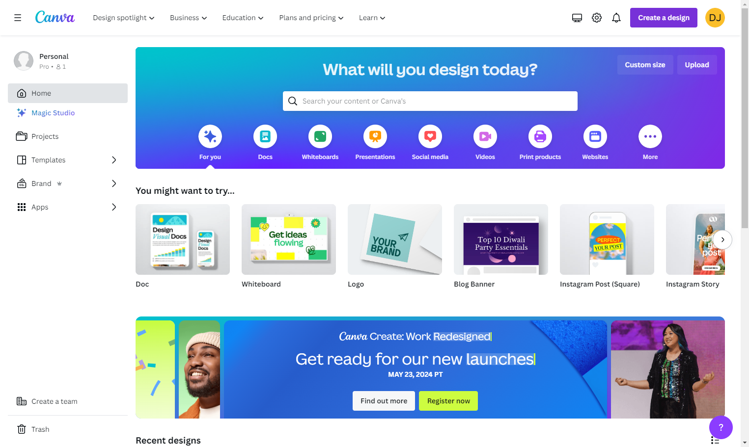 Login and click on Create a design from the main dashboard