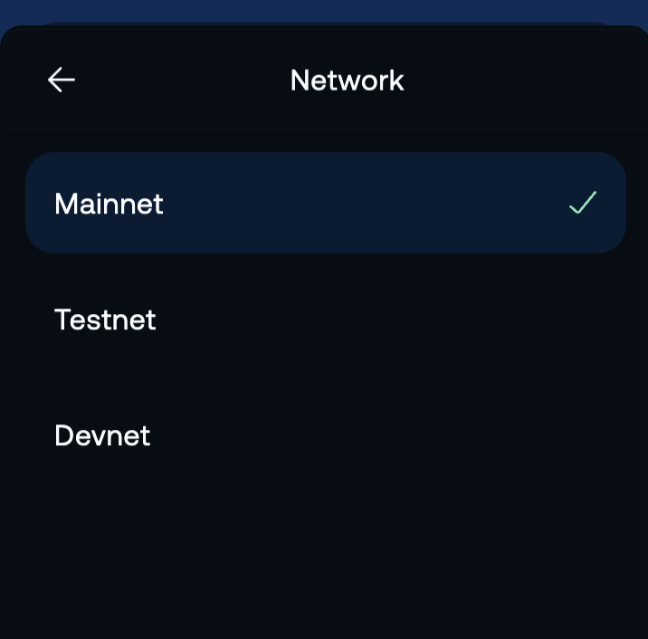 Here, you can switch the network between Mainnet, Testnet, and Devnet.