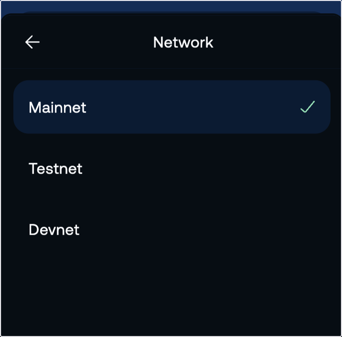 Here, you can switch the network between Mainnet, Testnet, and Devnet.
