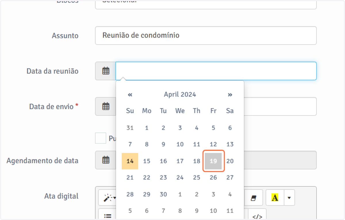 Na seção "Data da reunião", selecione o dia no calendário.