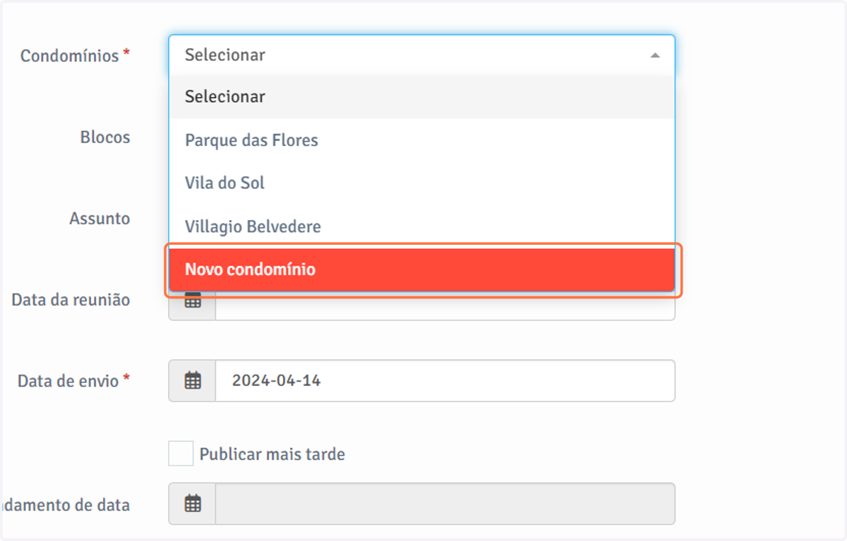 Na página que se abrirá, selecione o condomínio e, se necessário, os blocos associados à ata.