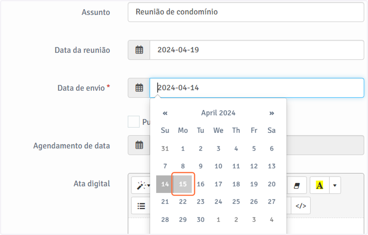 Abaixo, escolha o dia em que os envolvidos na reunião serão notificados.