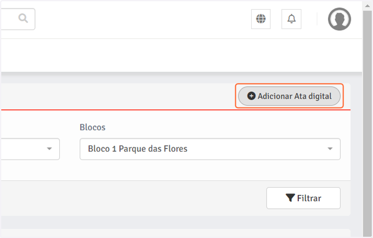 Clique no botão "Adicionar Ata digital" no canto superior direito da tela.