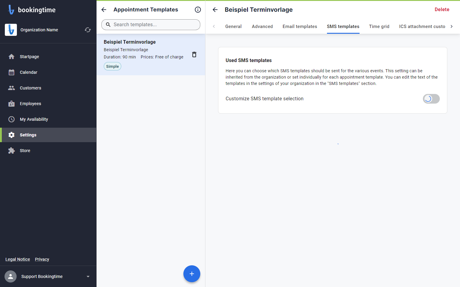 Check Customize SMS template selection