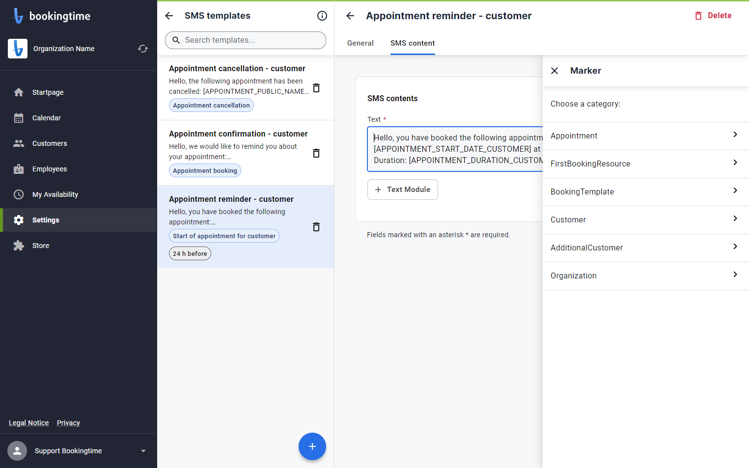 to define which confirmations are sent according to appointment template go back to settings