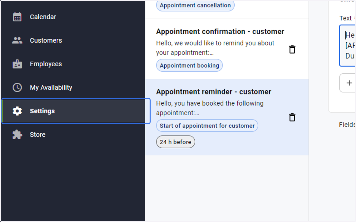 to define which confirmations are sent according to appointment template go back to settings