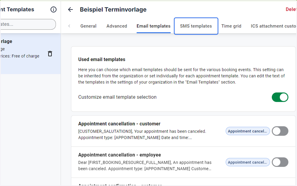 Click on SMS templates