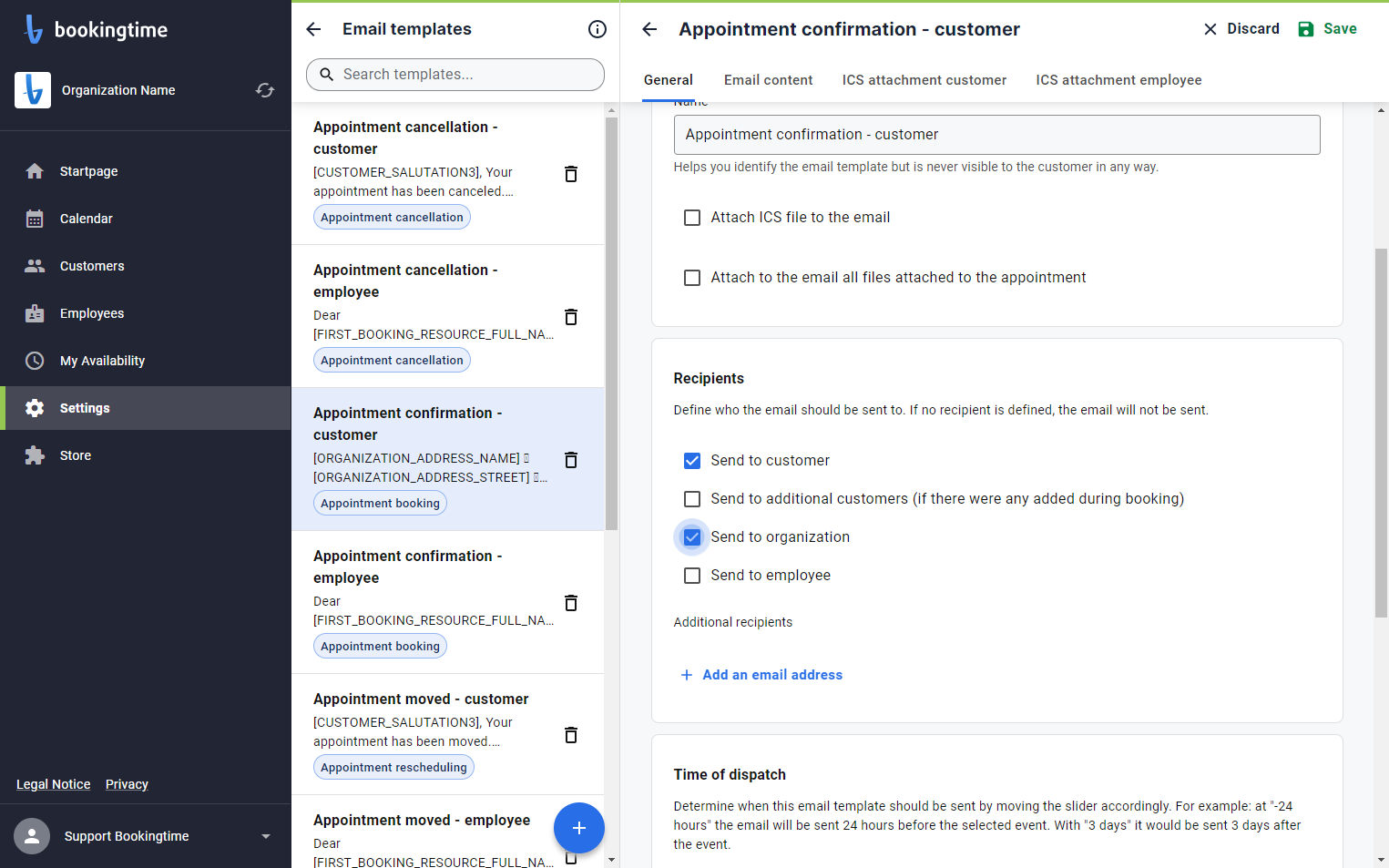 Confirmations can be sent to more than one recipient or in CC to the Organization or an employee