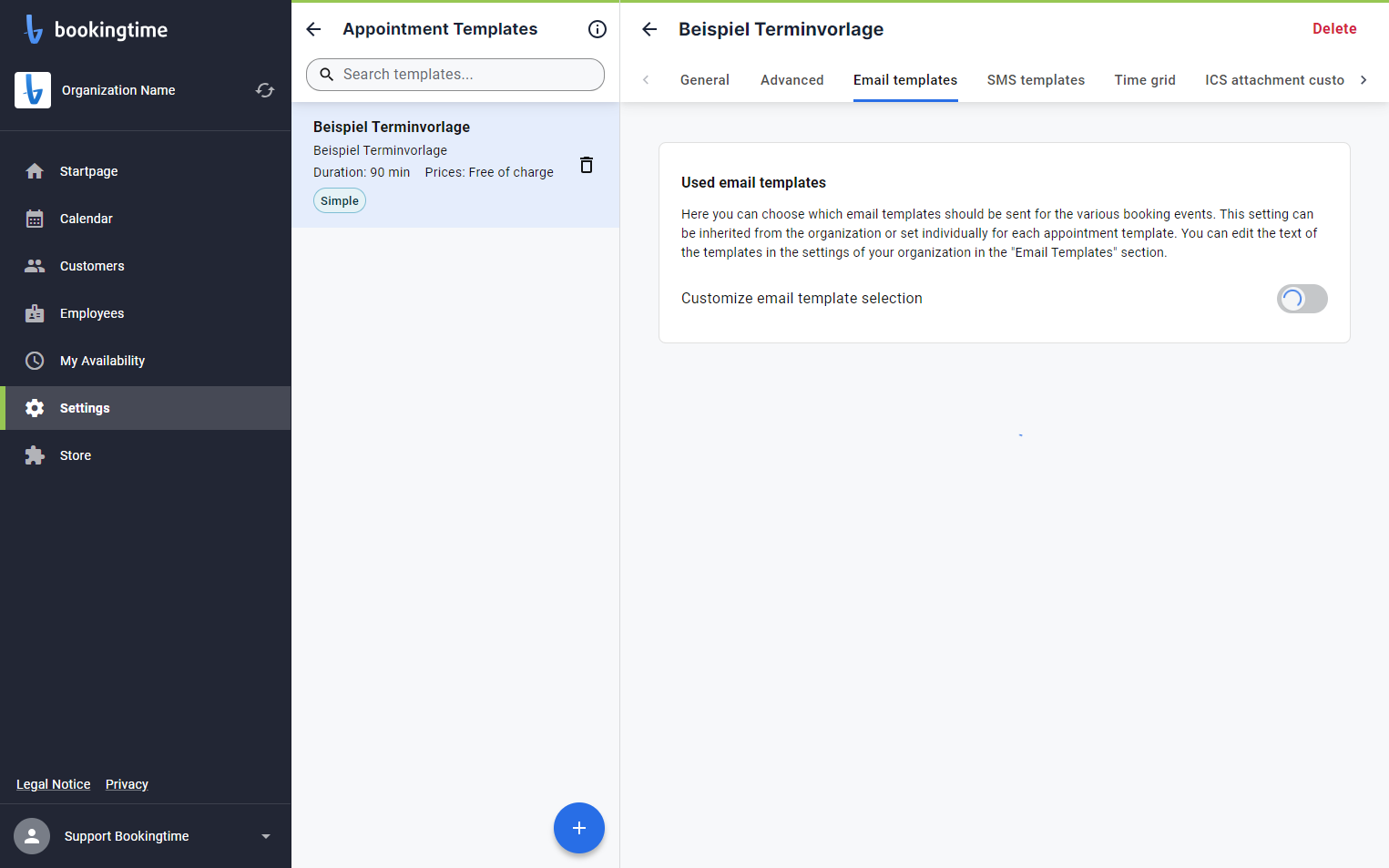 Check Customize email template selection