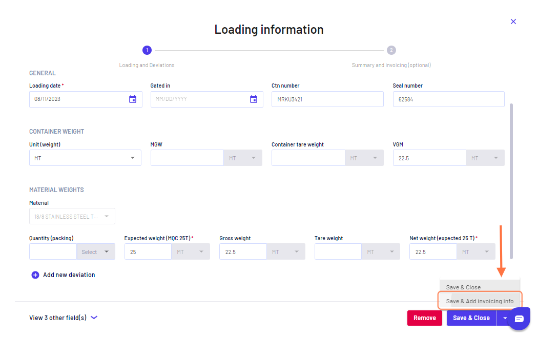 Fill in the loading details and click on "Save & Add invoicing info"