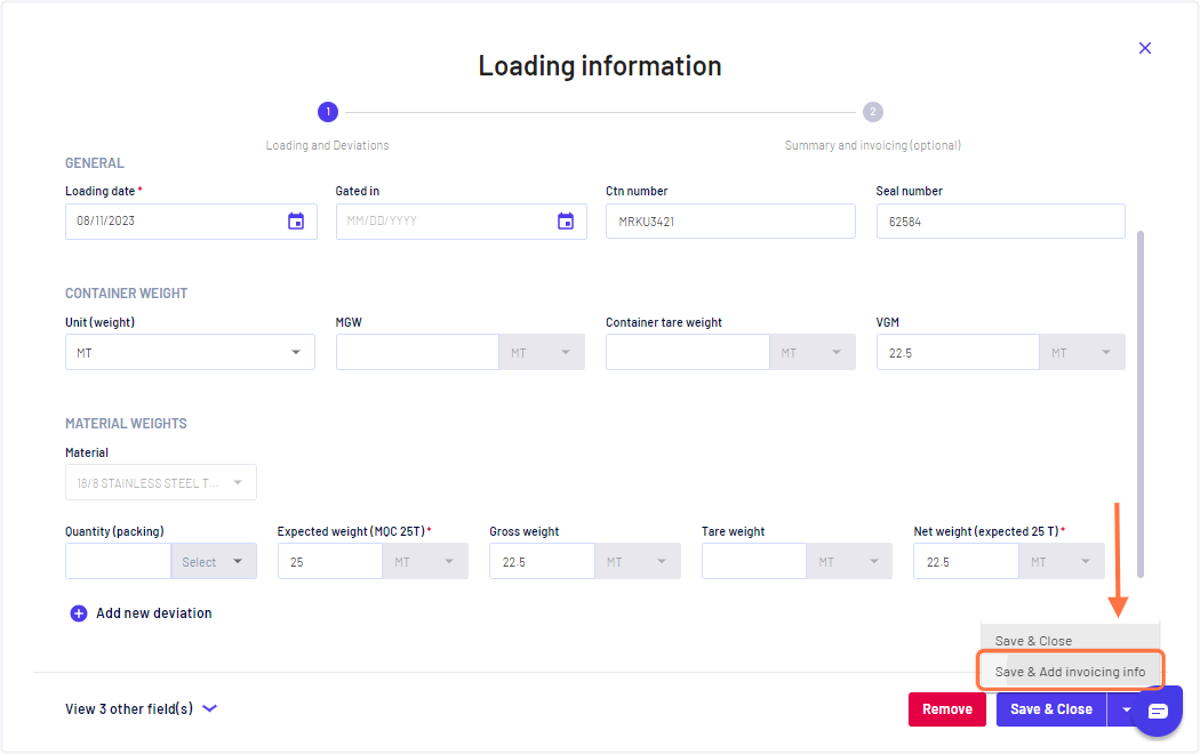 Fill in the loading details and click on "Save & Add invoicing info"