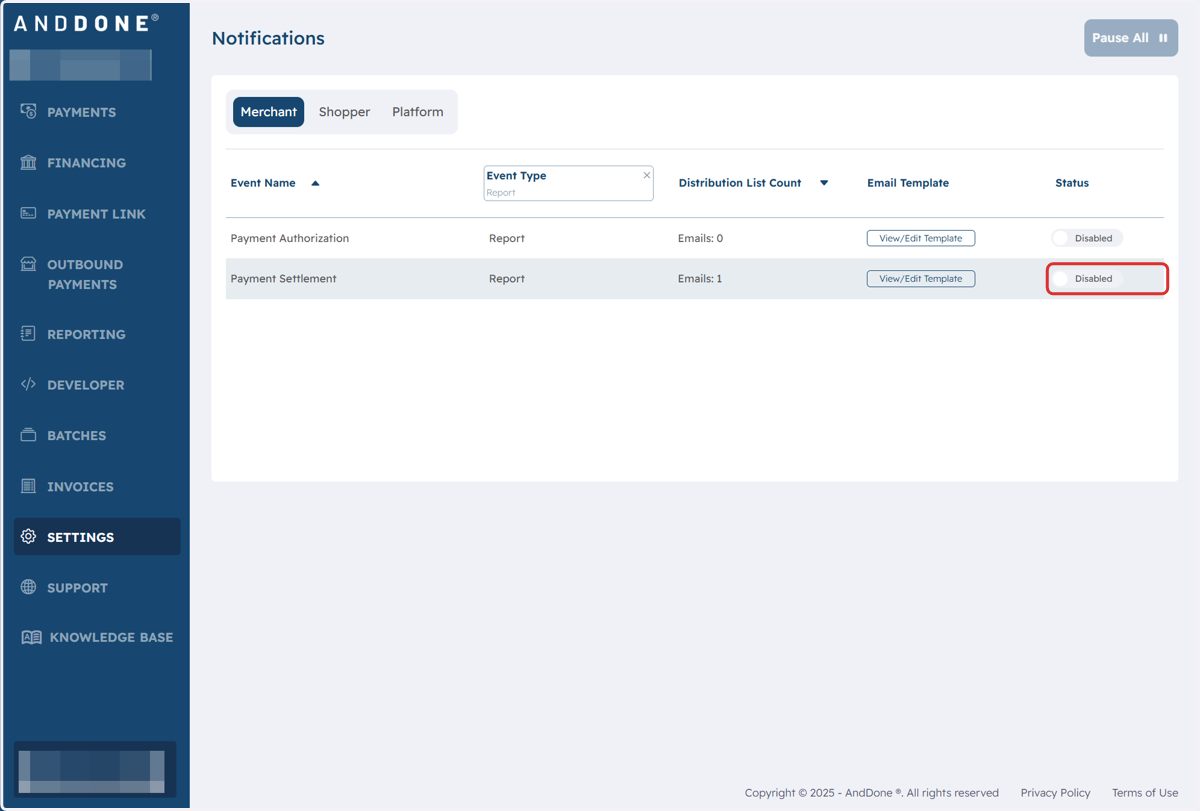 Toggle the status to Enabled