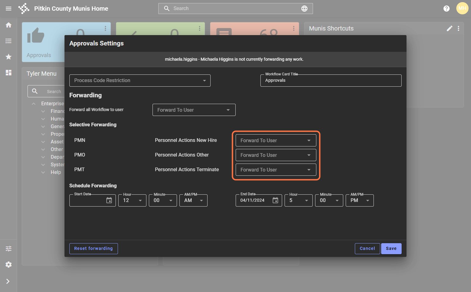 Select who to forward to, and for what workflows.