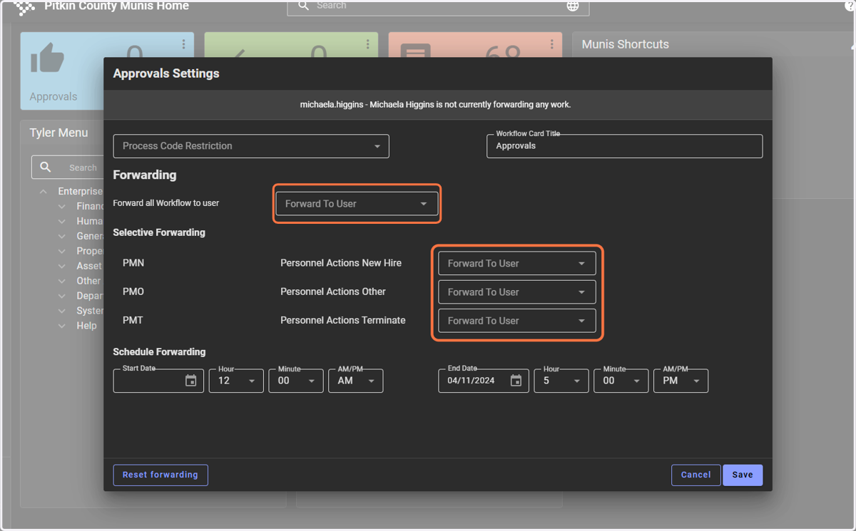 Select who to forward to, and for what workflows.