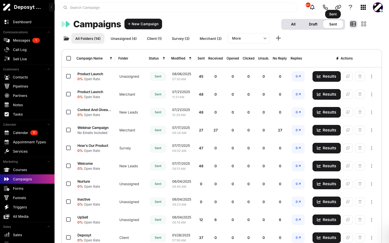 Step 3: To view all sent campaigns, click the Sent button.