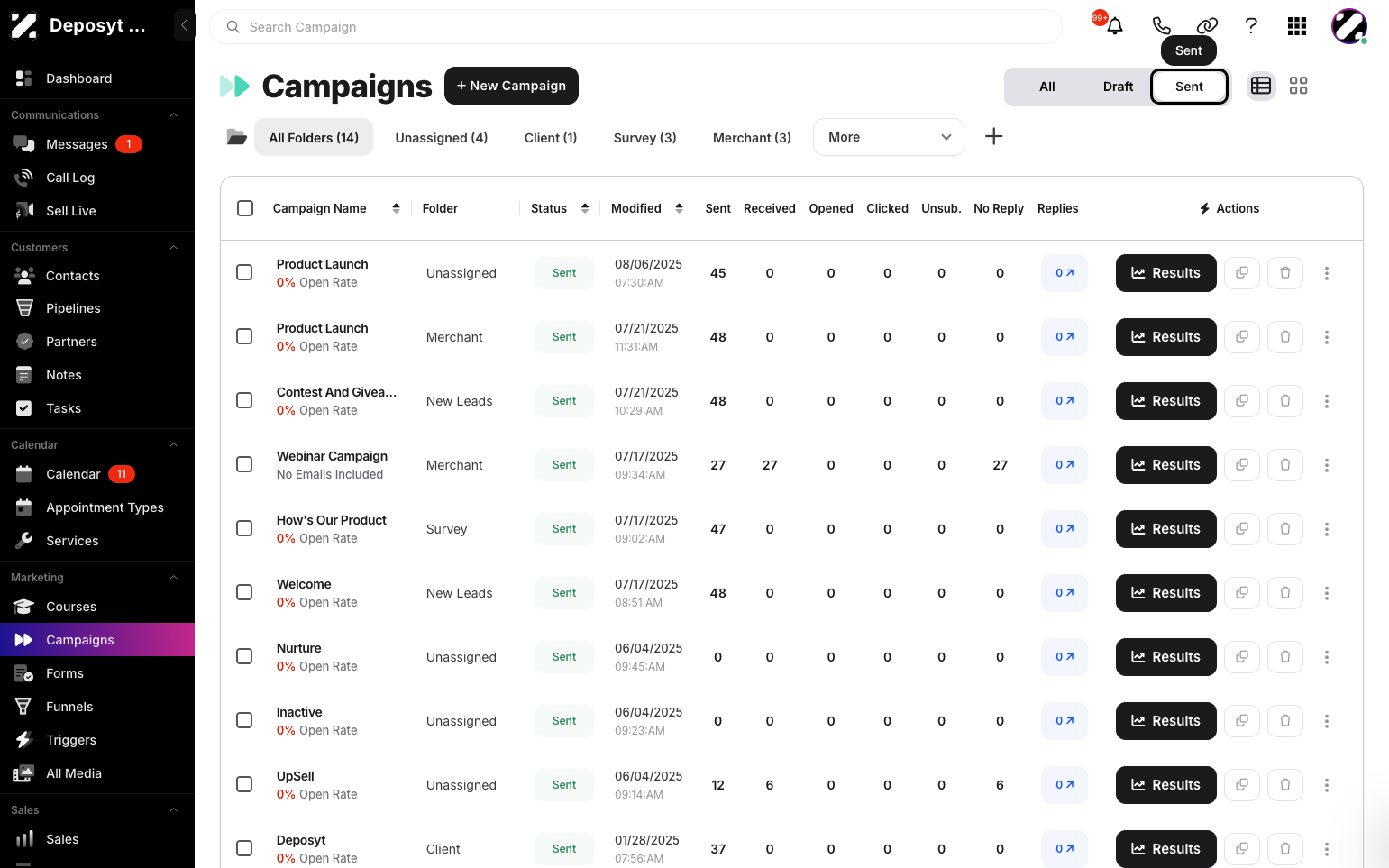 Step 3: To view all sent campaigns, click the Sent button.