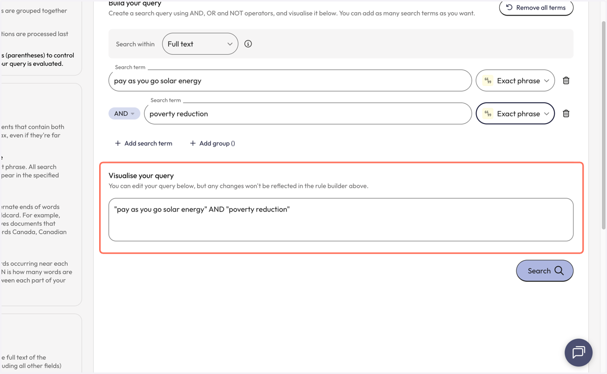Your query visualisation will be updated as you add new search terms.