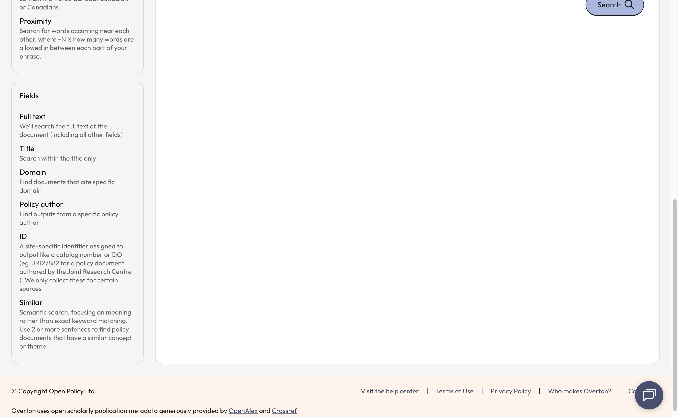 'Fields' explains the different fields that be searched within. Note: Users can only search within one field type per query. Multi-field searching is not yet supported. The search field can be selected from the dropdown box at the top of the query bu