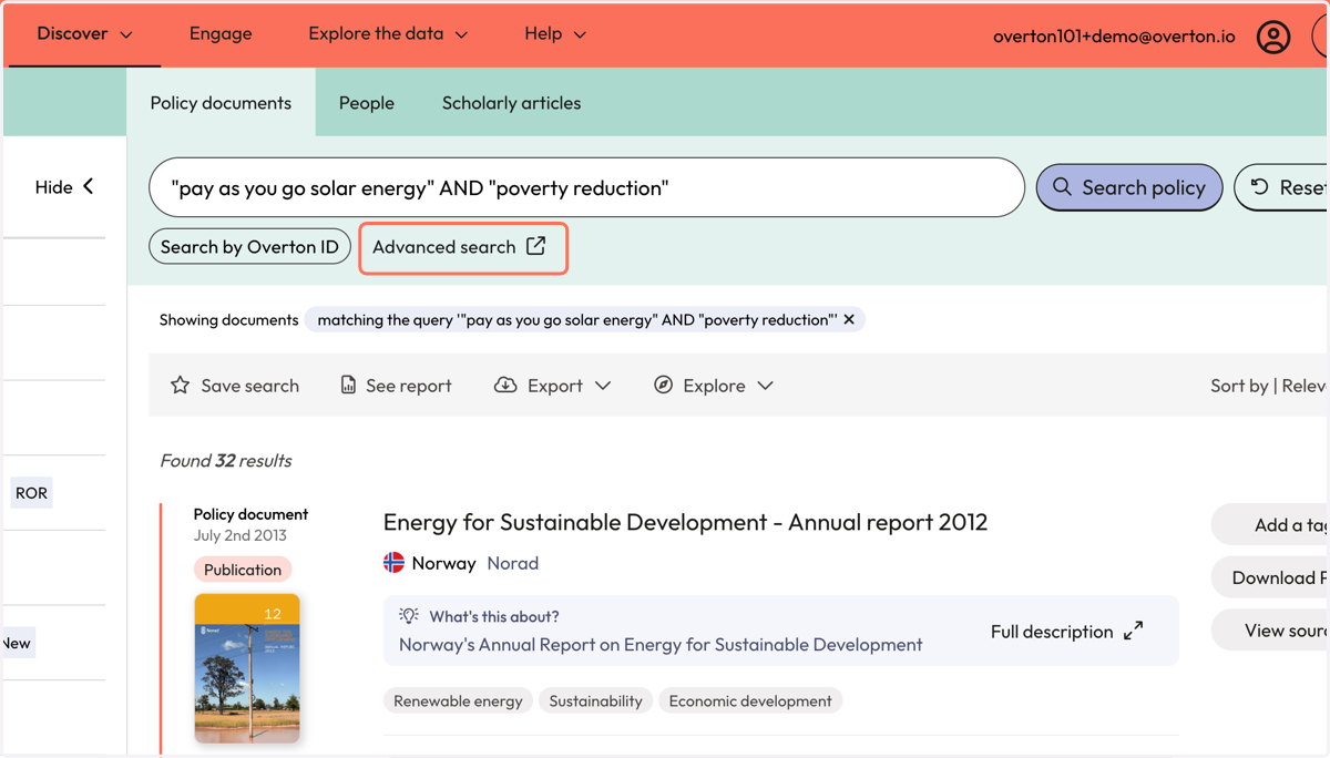 At any point, you can return to the query builder to edit further by clicking on 'Advanced search'.
