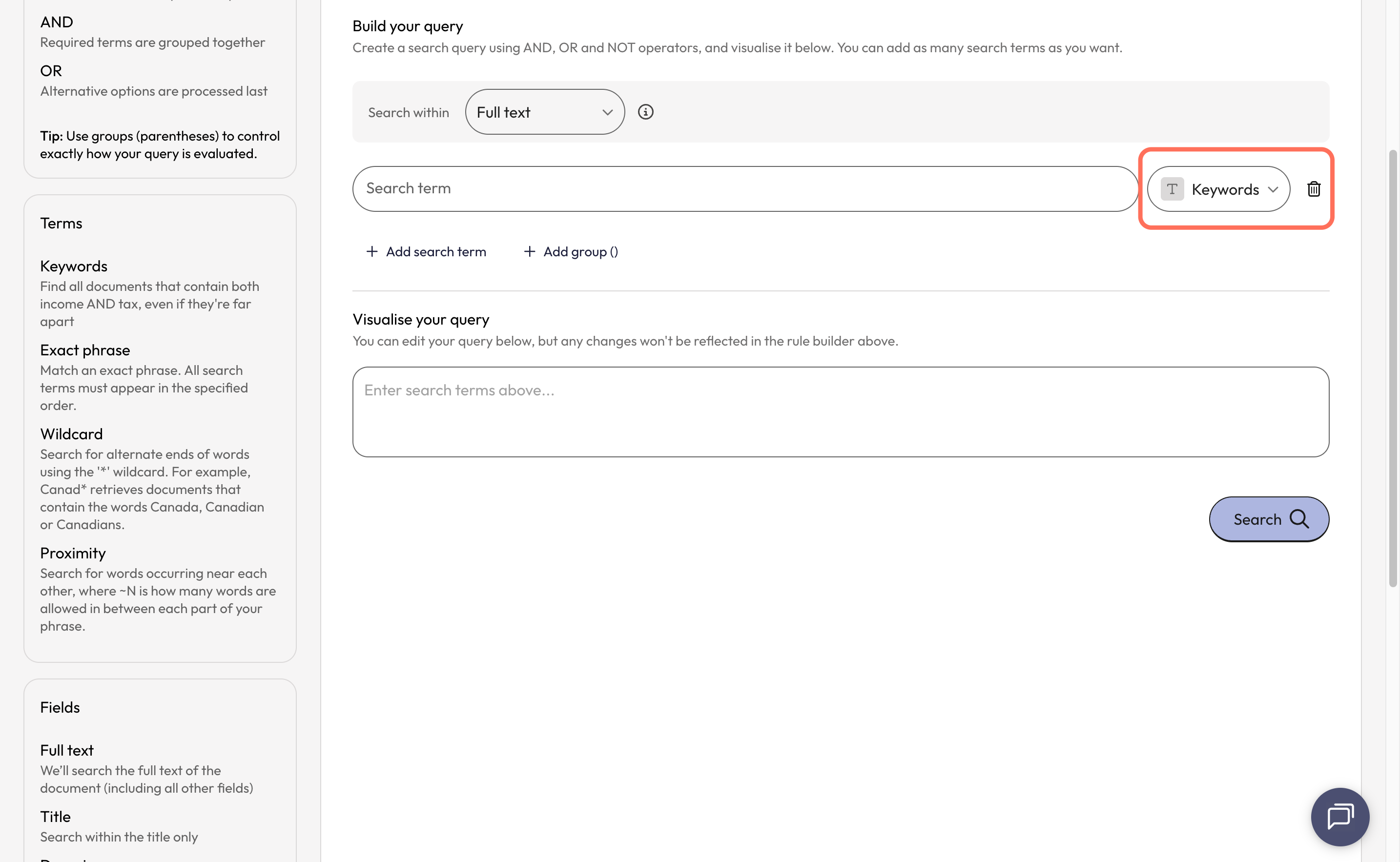 'Terms’ explains what a selected search strategy in a query does. The search strategy applied to each term can be selected by the dropdown box to the right of the query line.