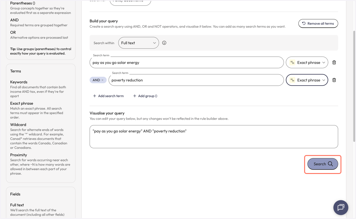 Once you are finished building your query, click 'Search' in the bottom right corner.