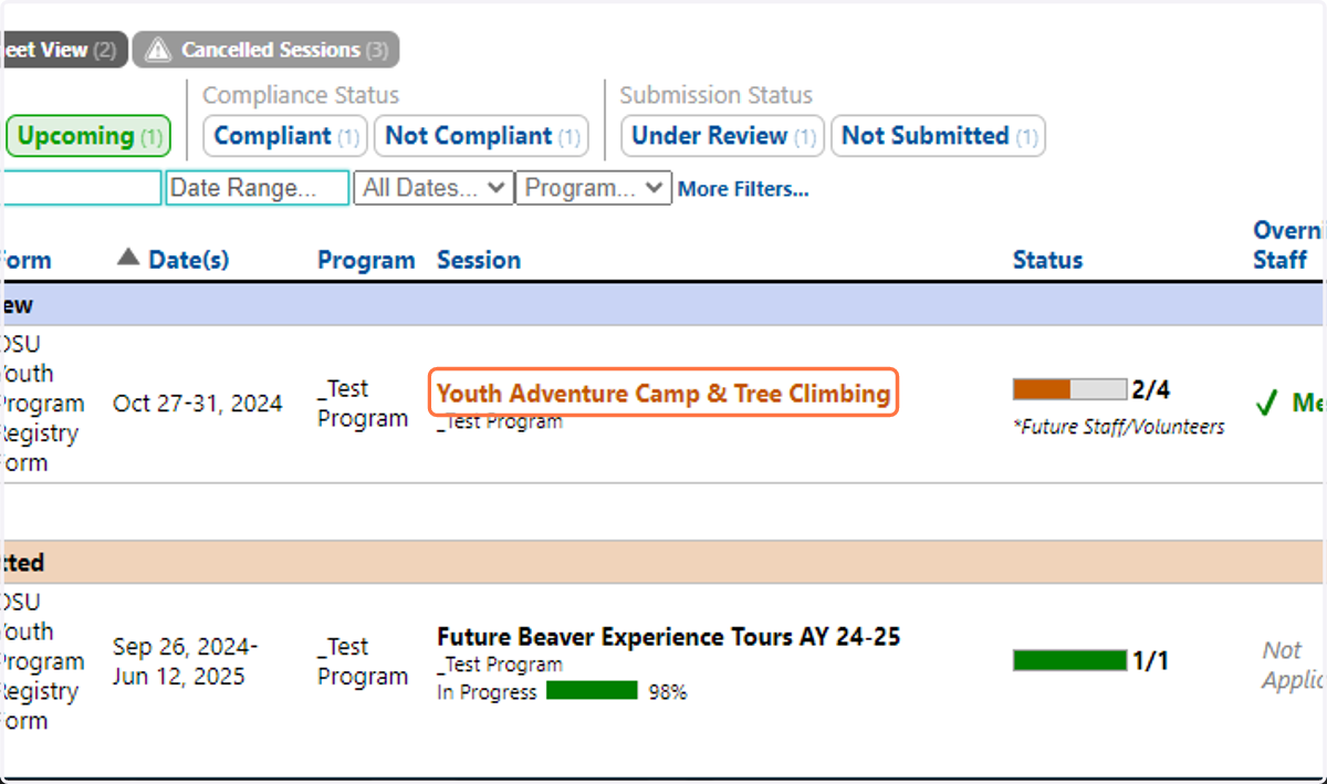 Click on the name of the session you wish to ed