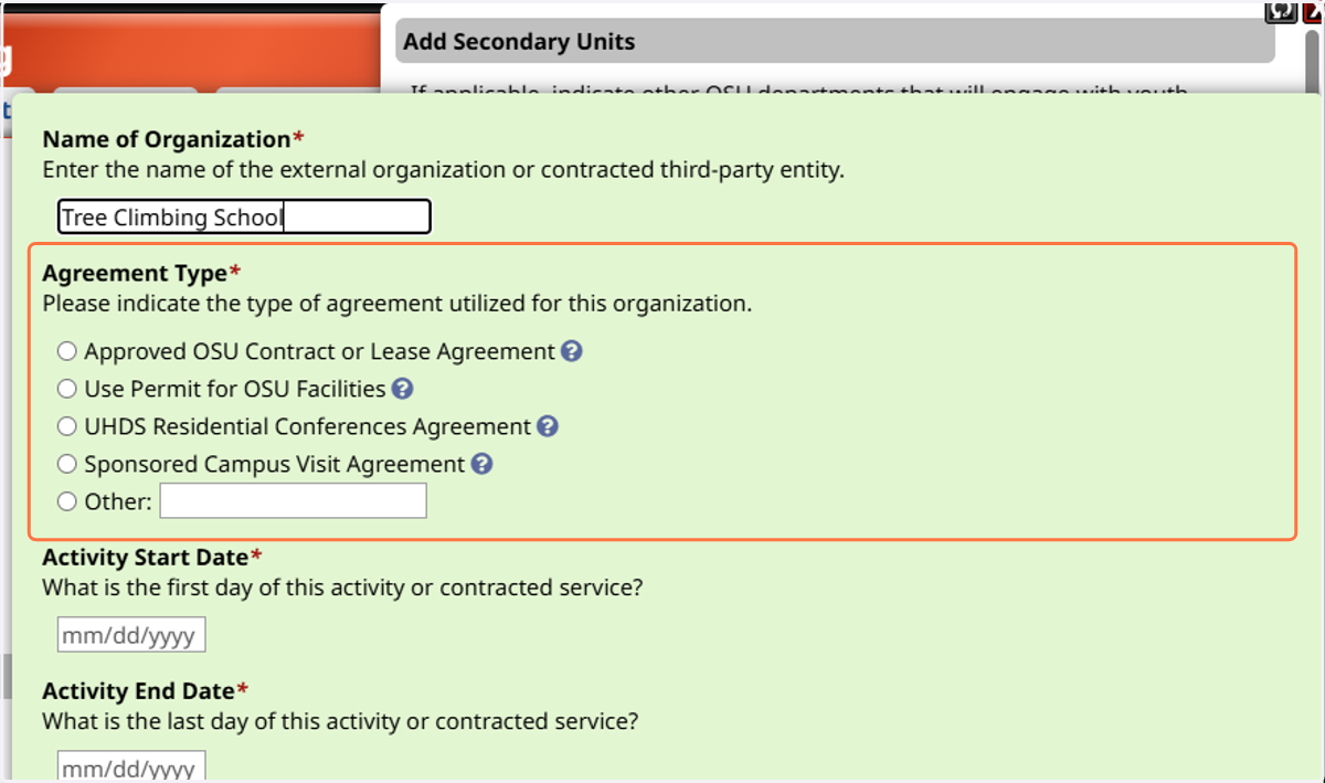Select the appropriate type of agreement from the list