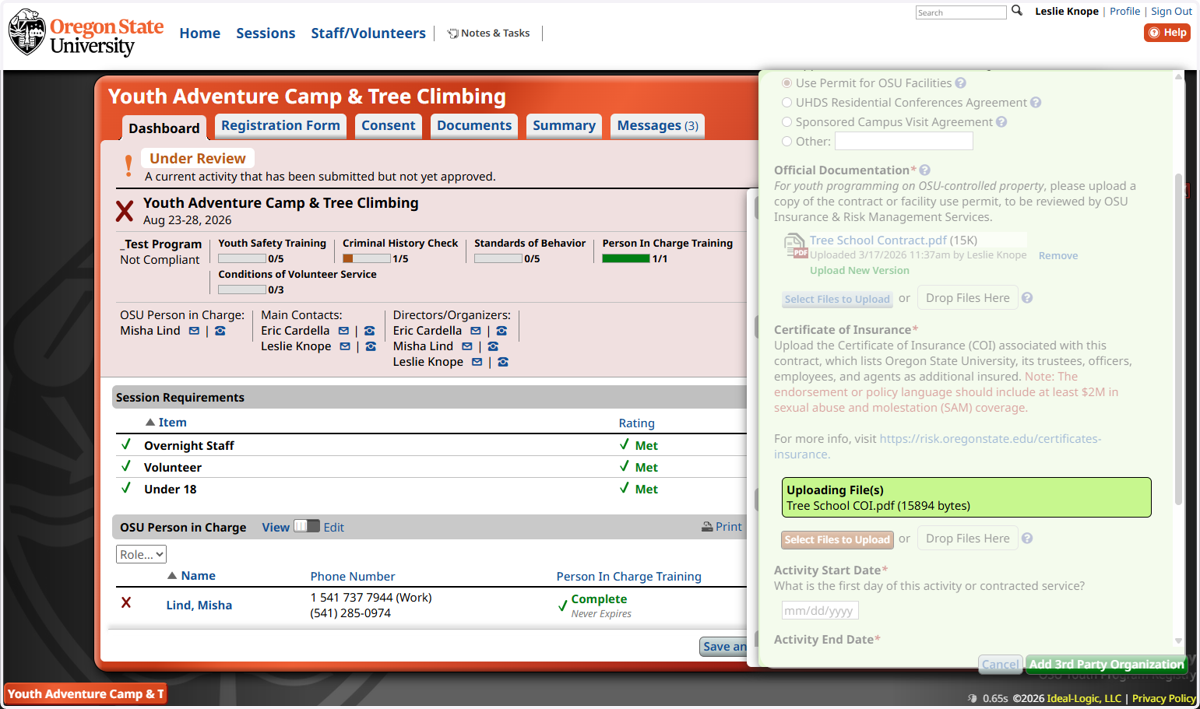 Upload the organization's certificate of insurance