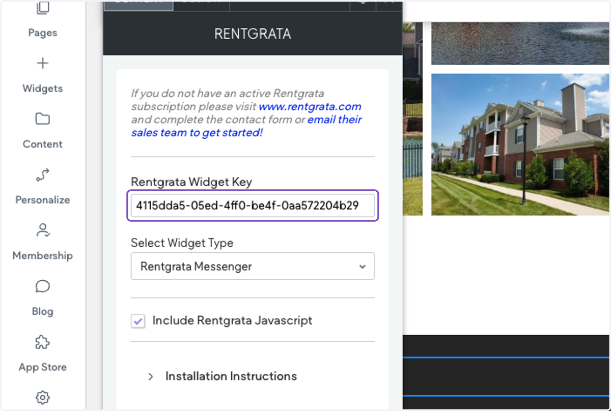 Add in your Rentgrata Widget Key