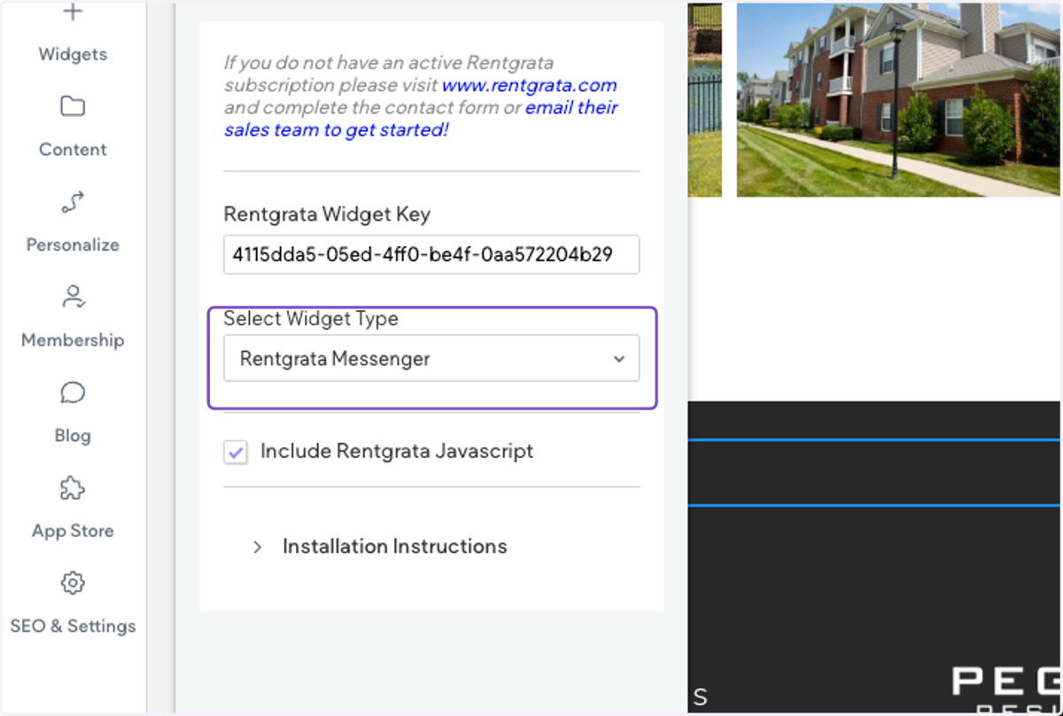 Under Select Widget Type, select Rentgrata Messenger