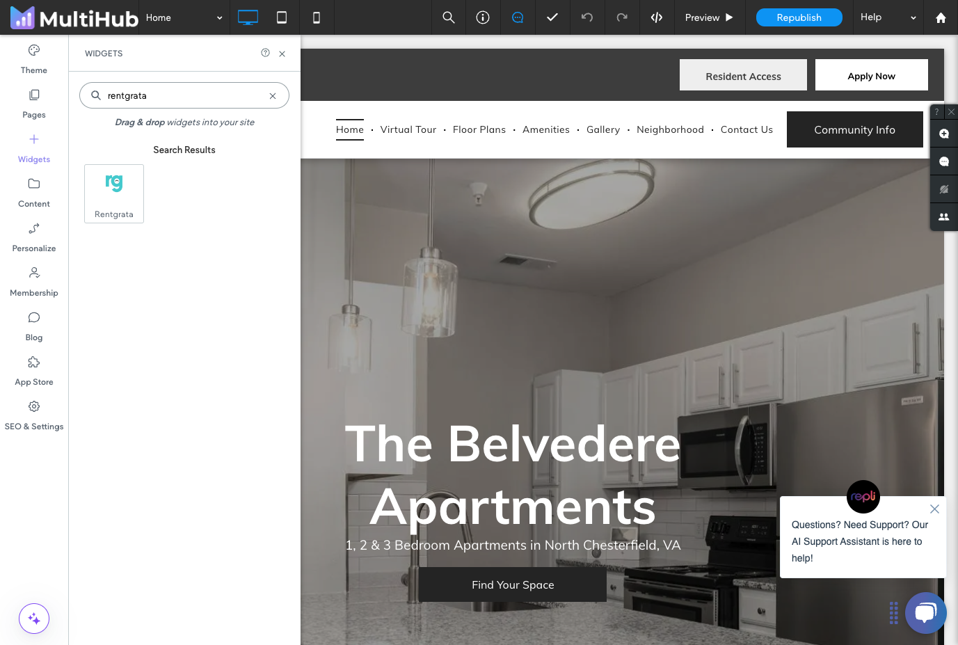 Search for "rentgrata " and drag the widget into the footer of your website