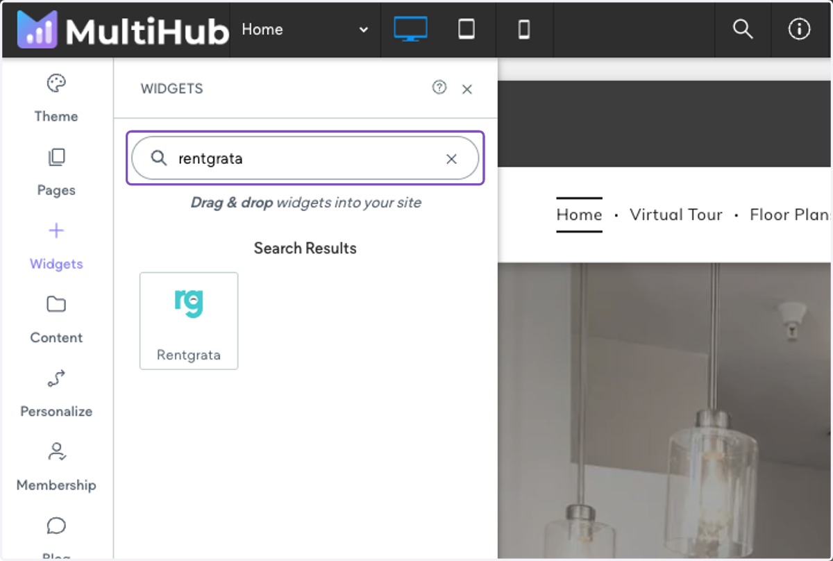Search for "rentgrata " and drag the widget into the footer of your website