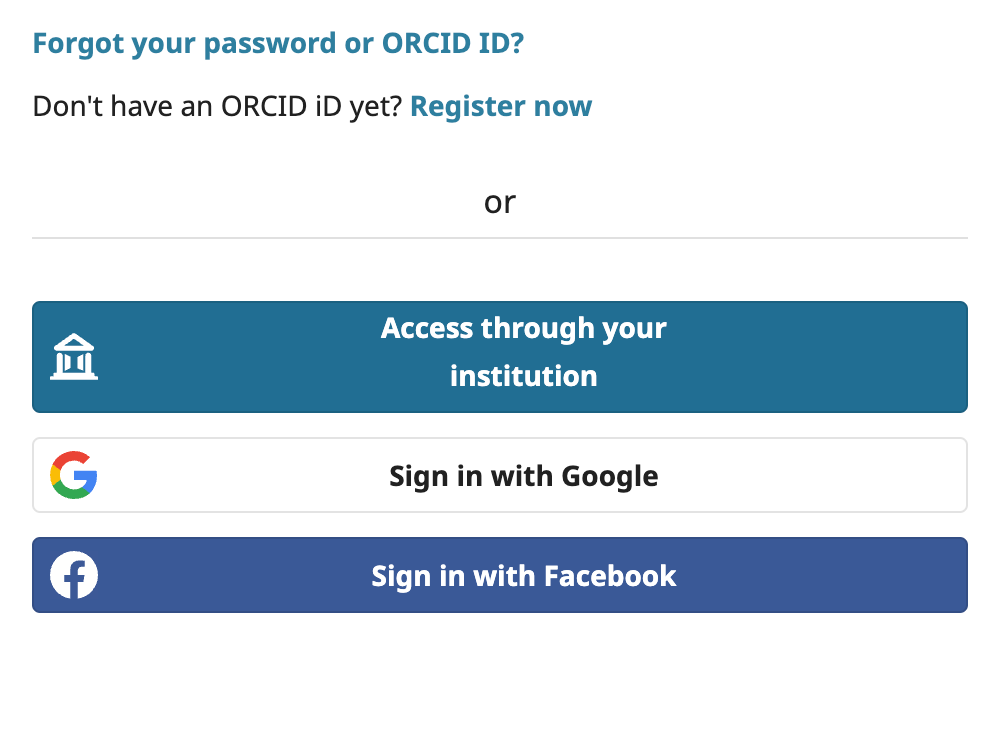 También, están disponibles otras opciones de conexión con ORCID, para registrar un nuevo usuario o si olvidó contraseña | Also, you will find other ways to connect with ORCID, register a new user or if you forgot your password