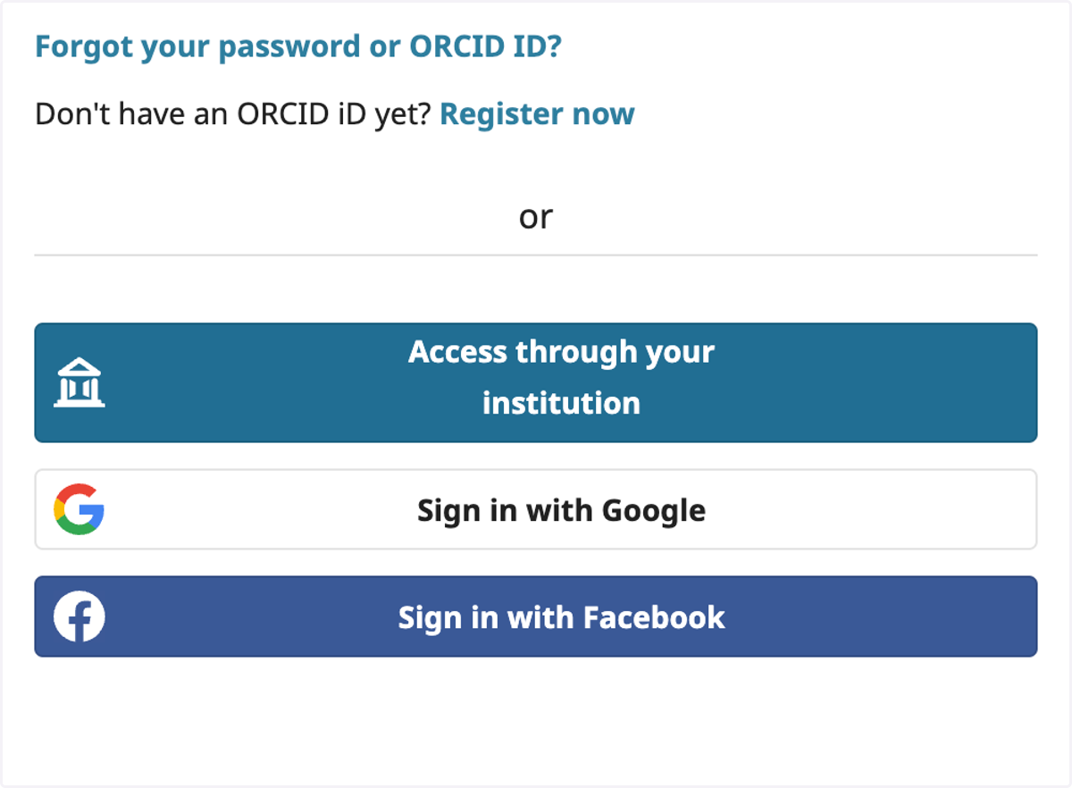 También, están disponibles otras opciones de conexión con ORCID, para registrar un nuevo usuario o si olvidó contraseña | Also, you will find other ways to connect with ORCID, register a new user or if you forgot your password