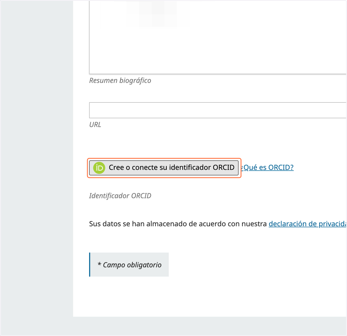 Clic en Cree o conecte su identificador ORCID | Click on the ORCiD button