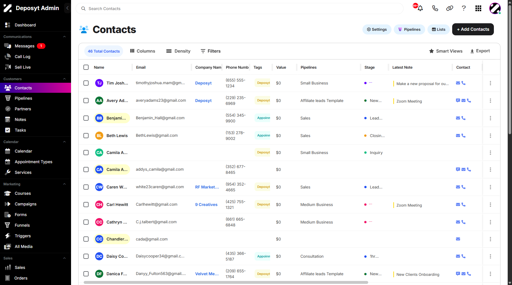 Step 3: You will be taken to the Contacts section. Contacts are individuals stored in the system so businesses can manage relationships and interactions with them, such as customers, leads, clients, or business partners.