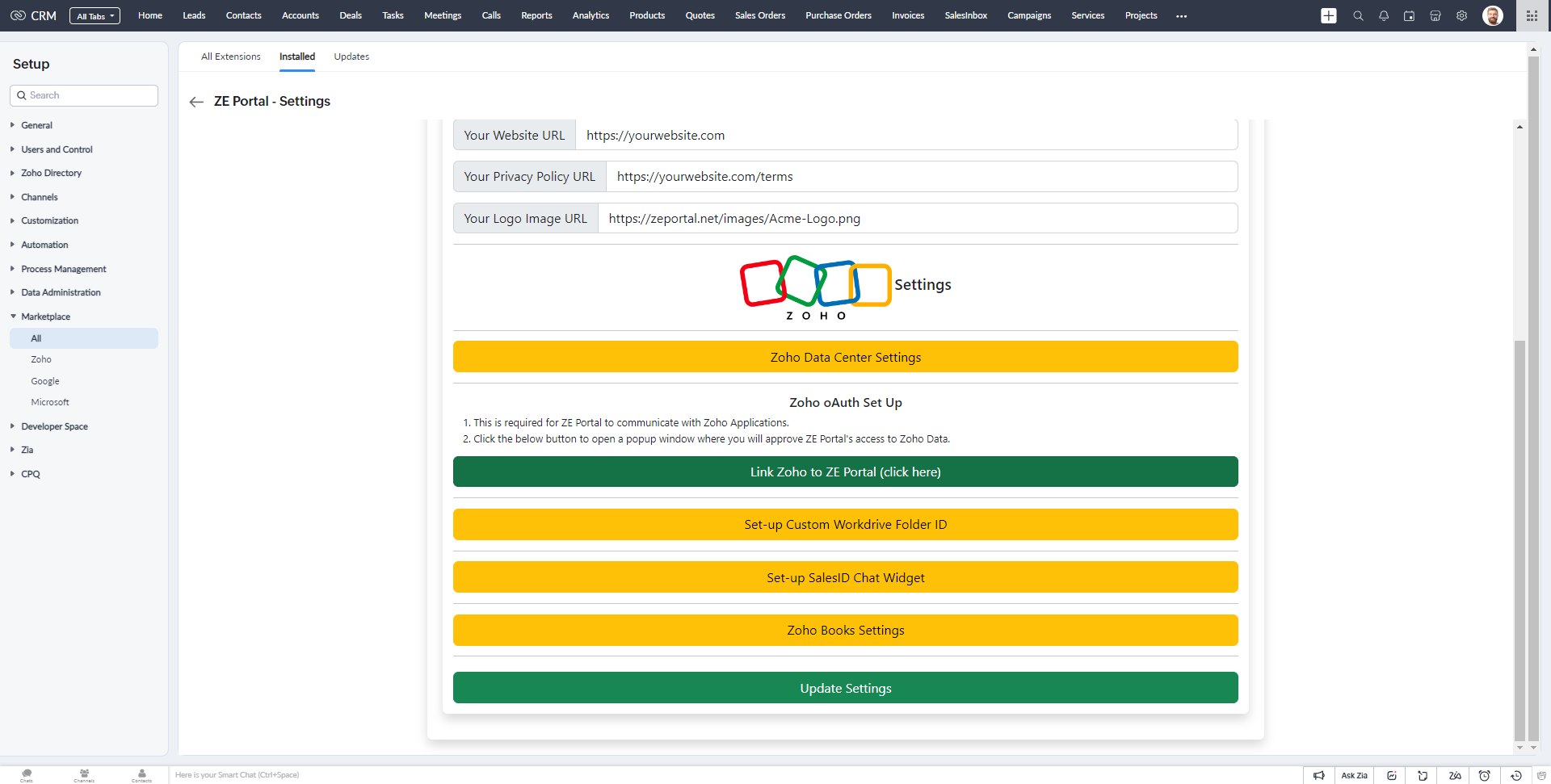 Click on Link Zoho to ZE Portal (click here)