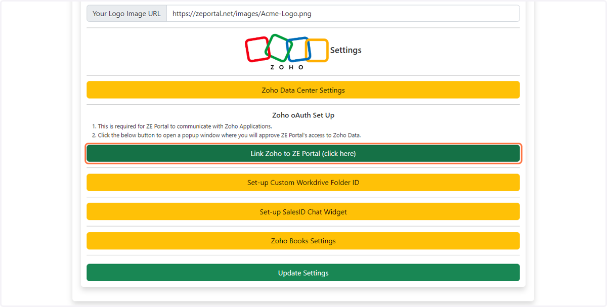 Click on Link Zoho to ZE Portal (click here)