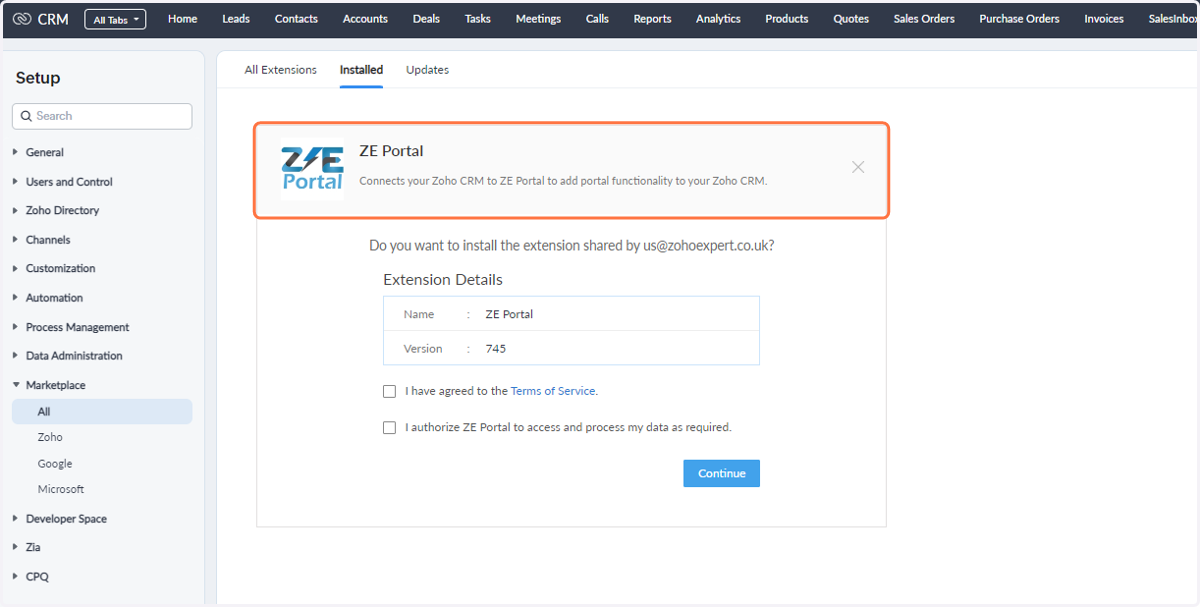 Install the ZE Portal Zoho CRM Extension