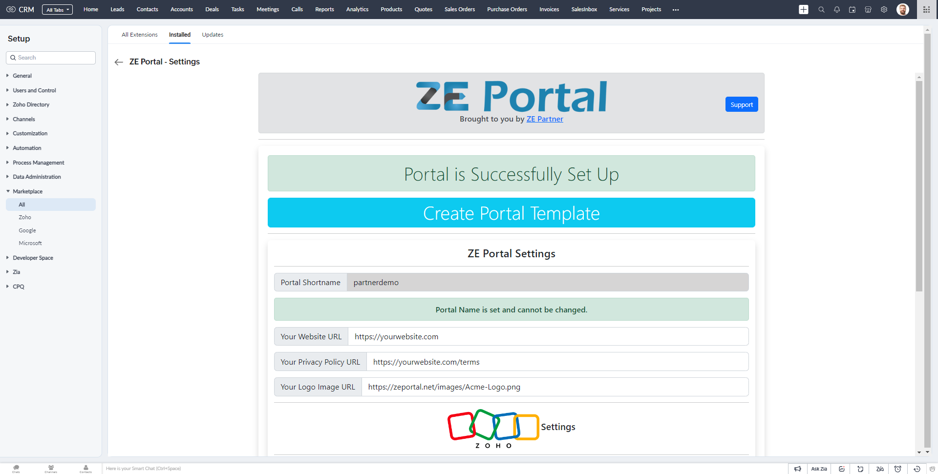 Once you have successfully set up ZE Portal, you will see the following