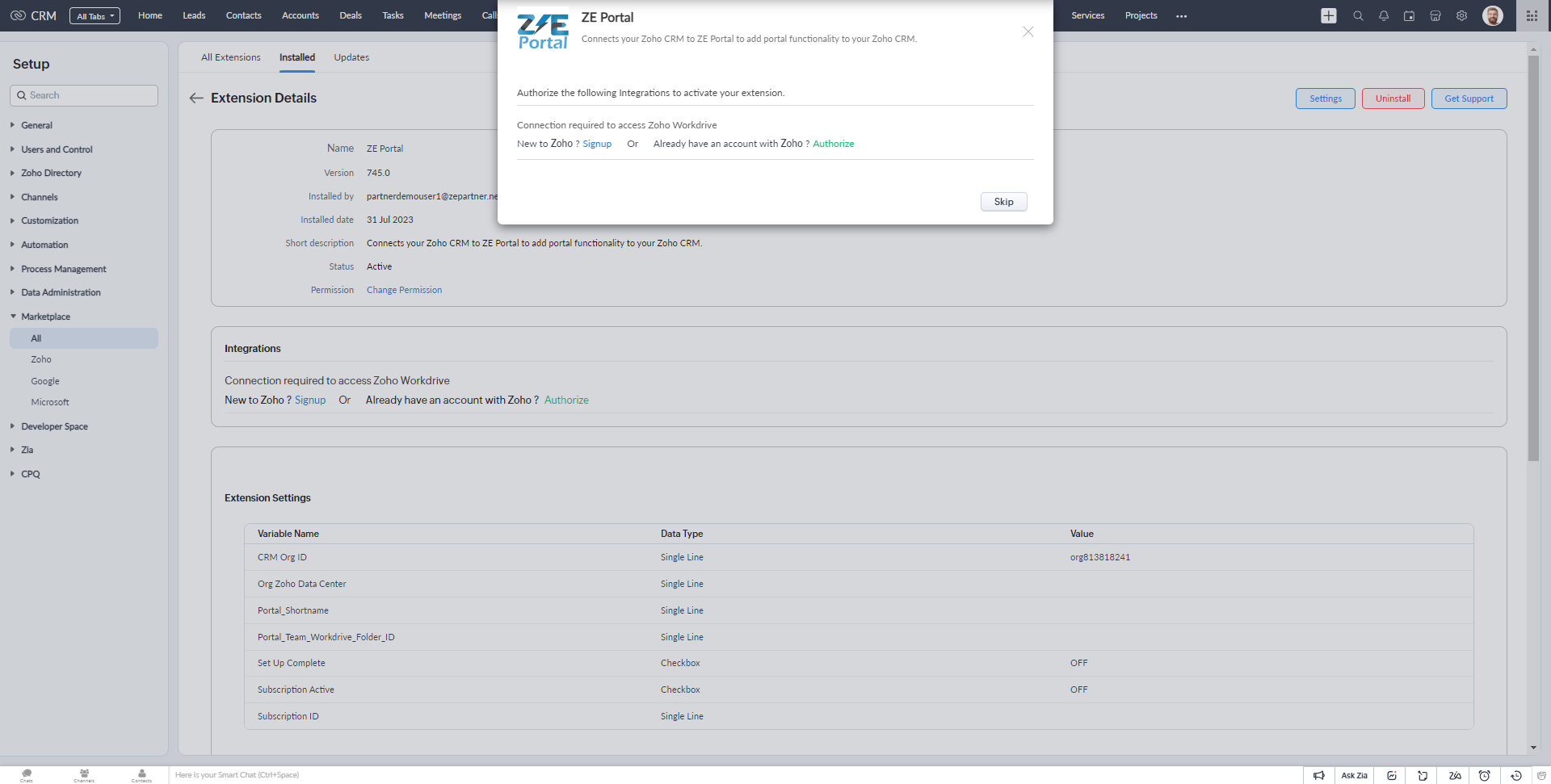 Next, you need to authorize the ZE Portal Zoho CRM Extension