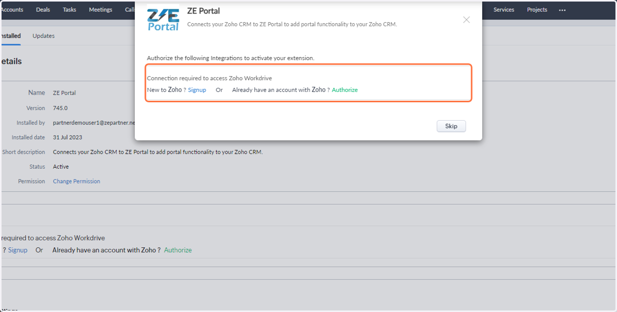 Next, you need to authorize the ZE Portal Zoho CRM Extension